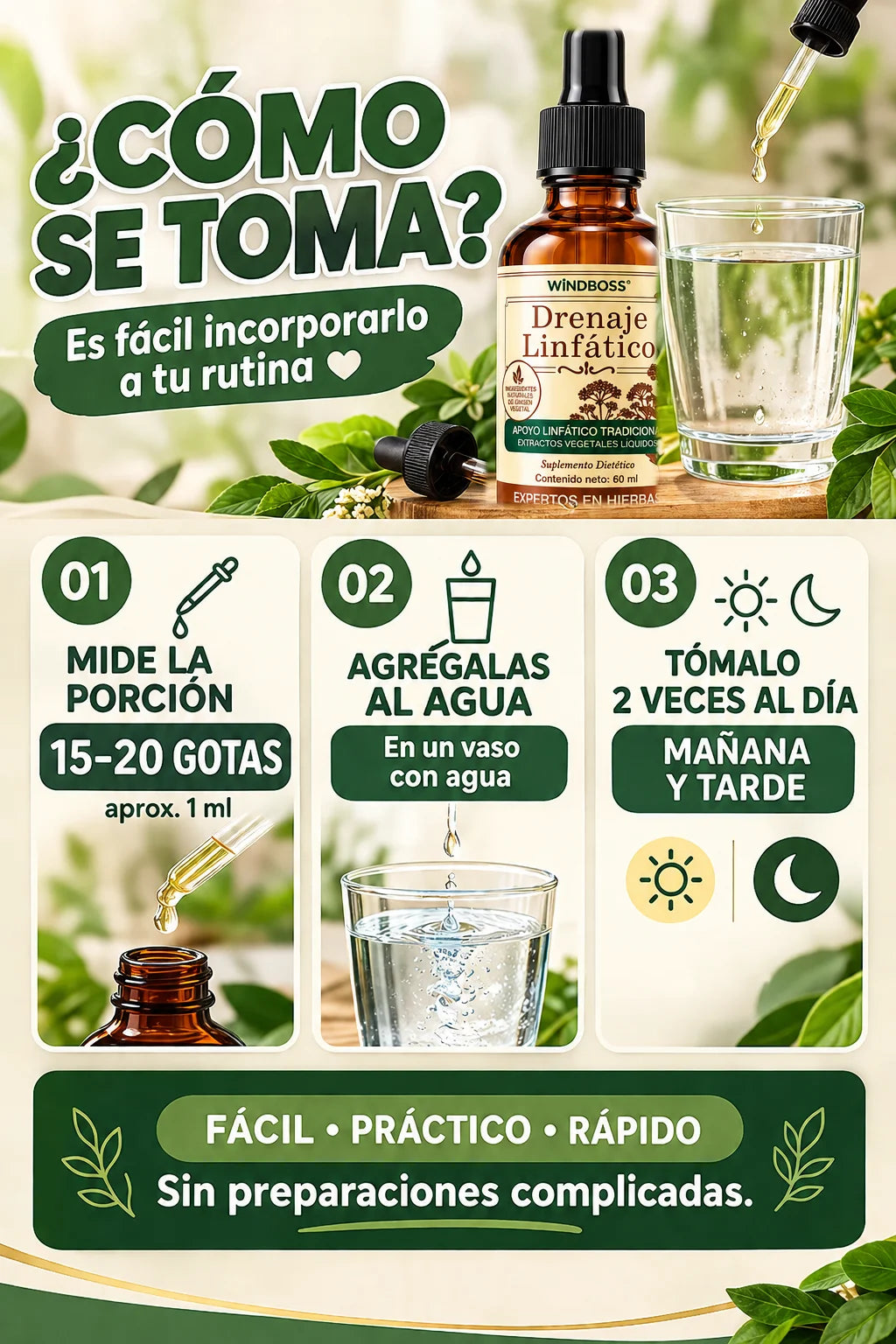 Cómo se toma: mide 15 a 20 gotas, agrégalas al agua, tómalo 2 veces al día